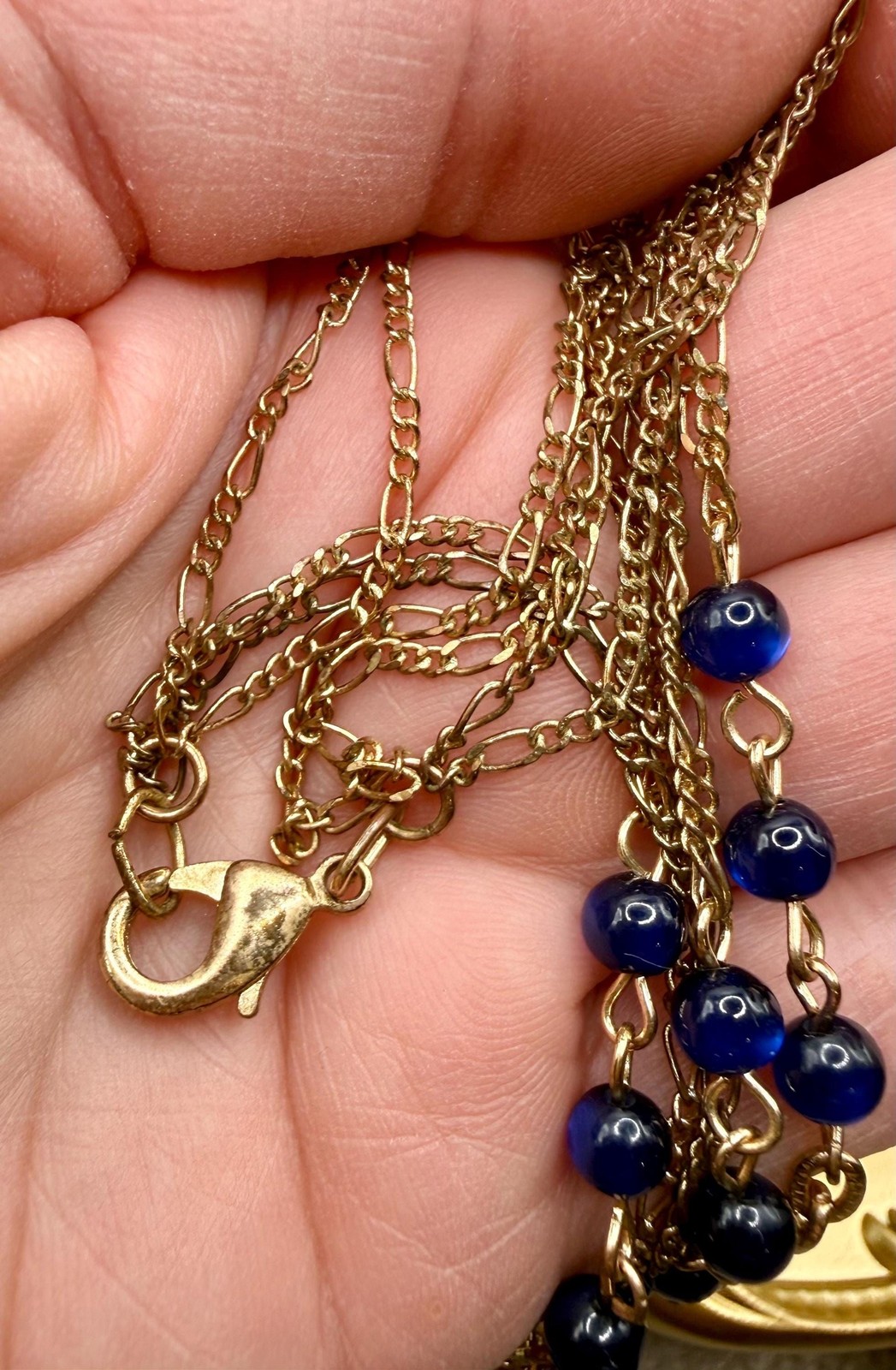 Cobalt Blue Glass Multi Strand Necklace, Gold Tone Layered Festoon Jewelry