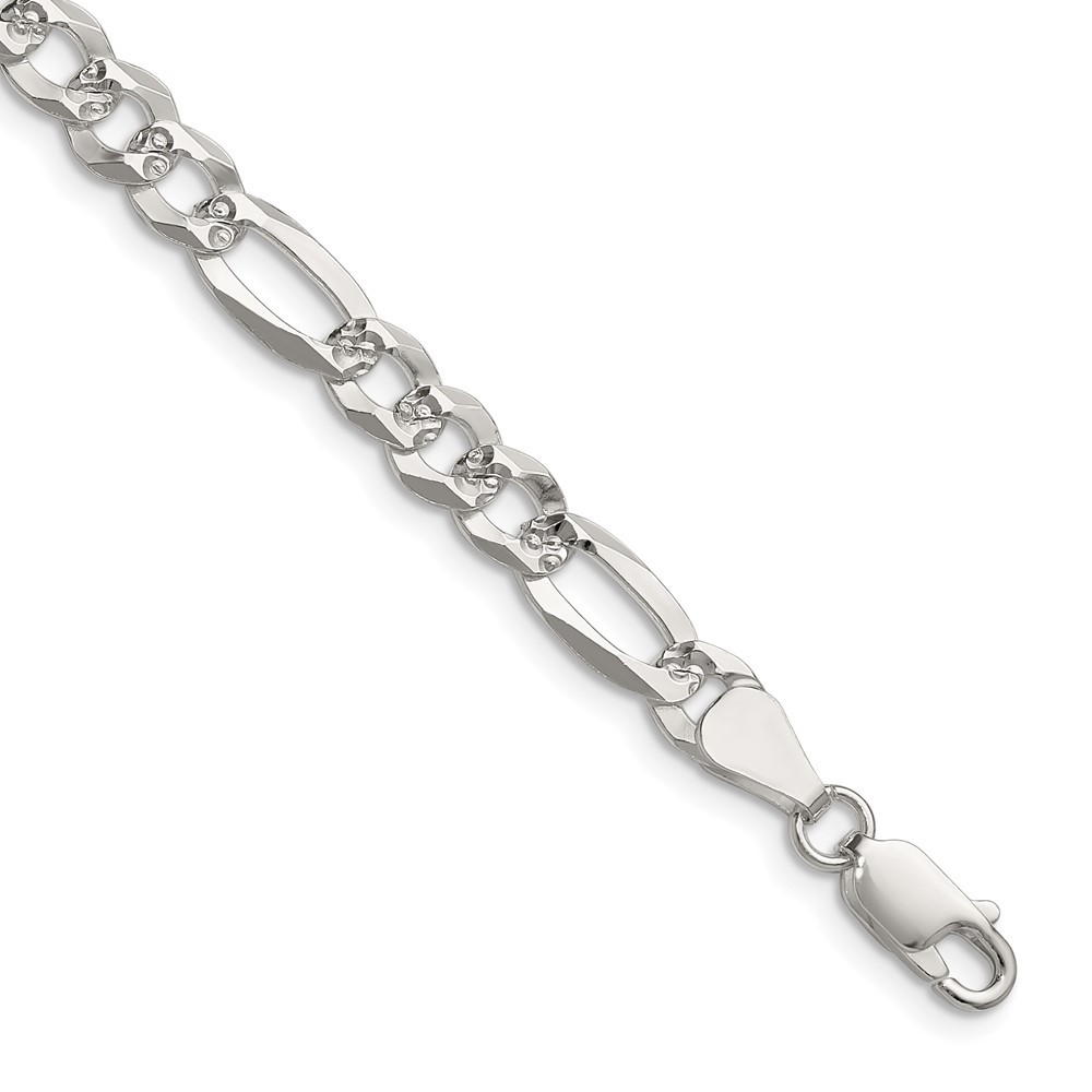 Sterling Silver 6.1mm Flat Diamond-Cut Pave Figaro Chain Necklace
