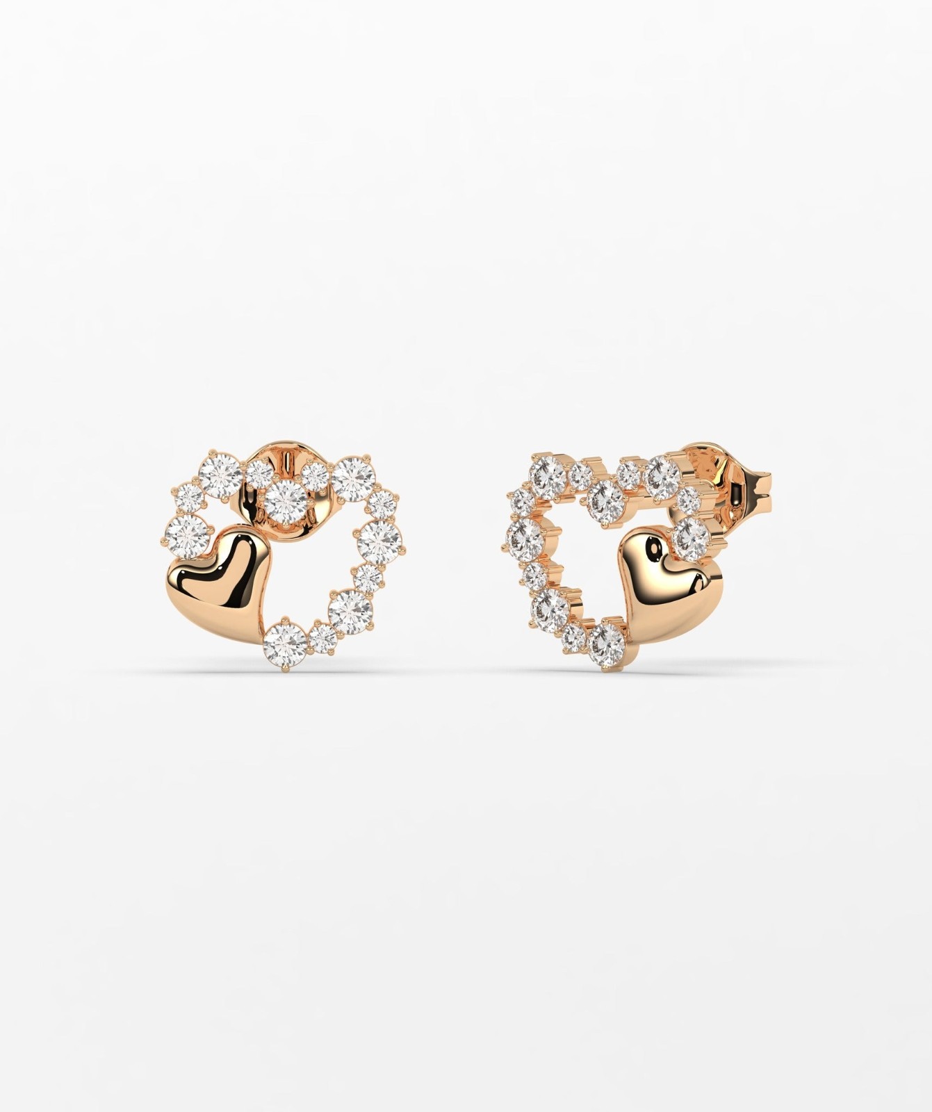 Round Cut Lab Grown Diamond 14K Gold Double Heart Diamond Stud Fine Earrings