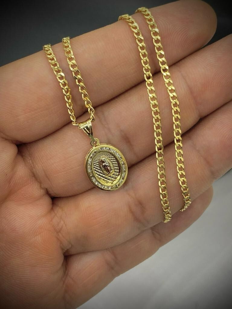 14k Oro Laminado Medalla de Virgen de Guadalupe & Cadena Para Mujer Niños Curb