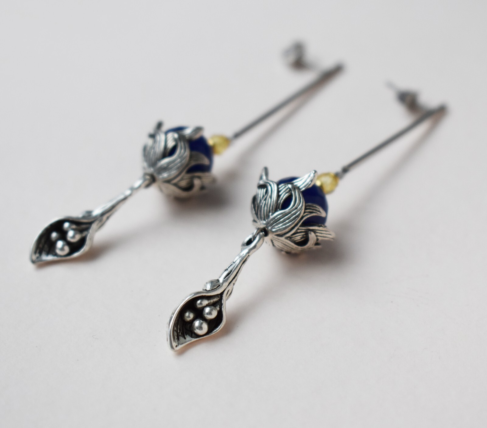 Long massive earrings silver tone, unusual floral dangles