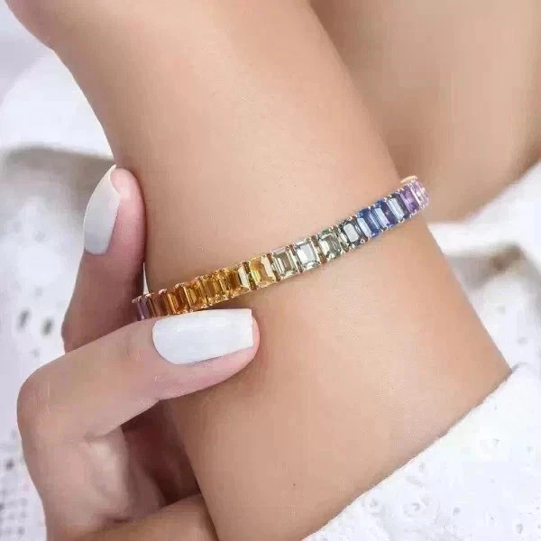 15CT Emerald Lab Created Rainbow Sapphire Tennis Bracelet 14K Yellow Gold Plated