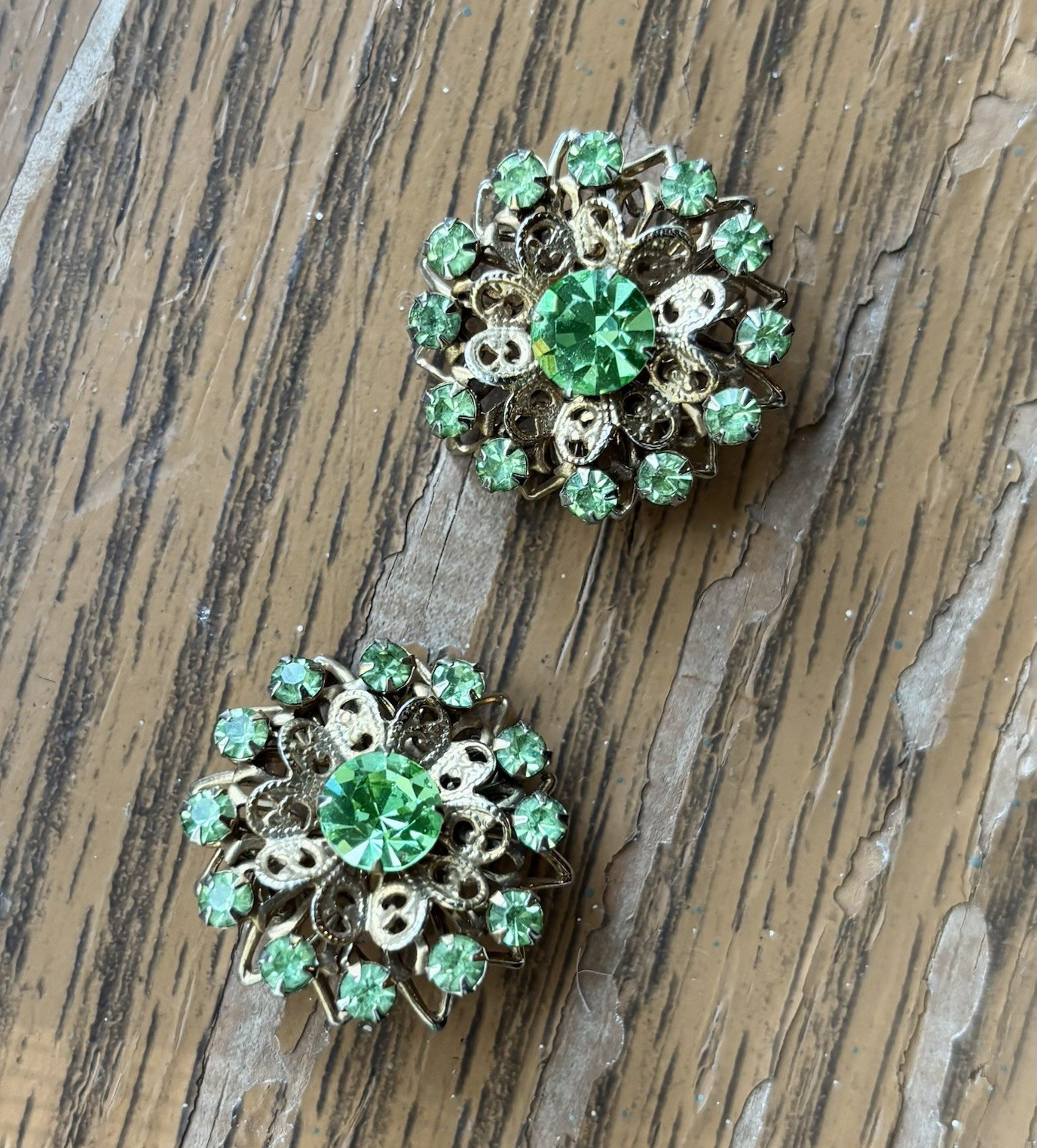 Vintage Pair Green Rhinestone Floral Brooches Gold Tone Filigree Matching Pins