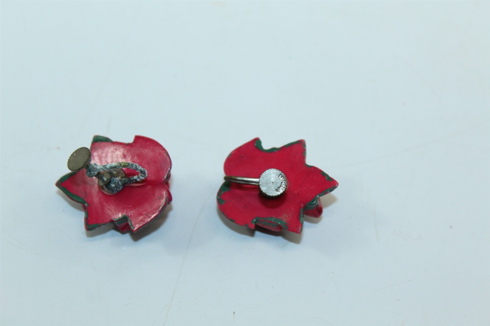 Vintage Earrings Red Rose Clip On Silver-tone Alloy On Acrylic Stamped Japan