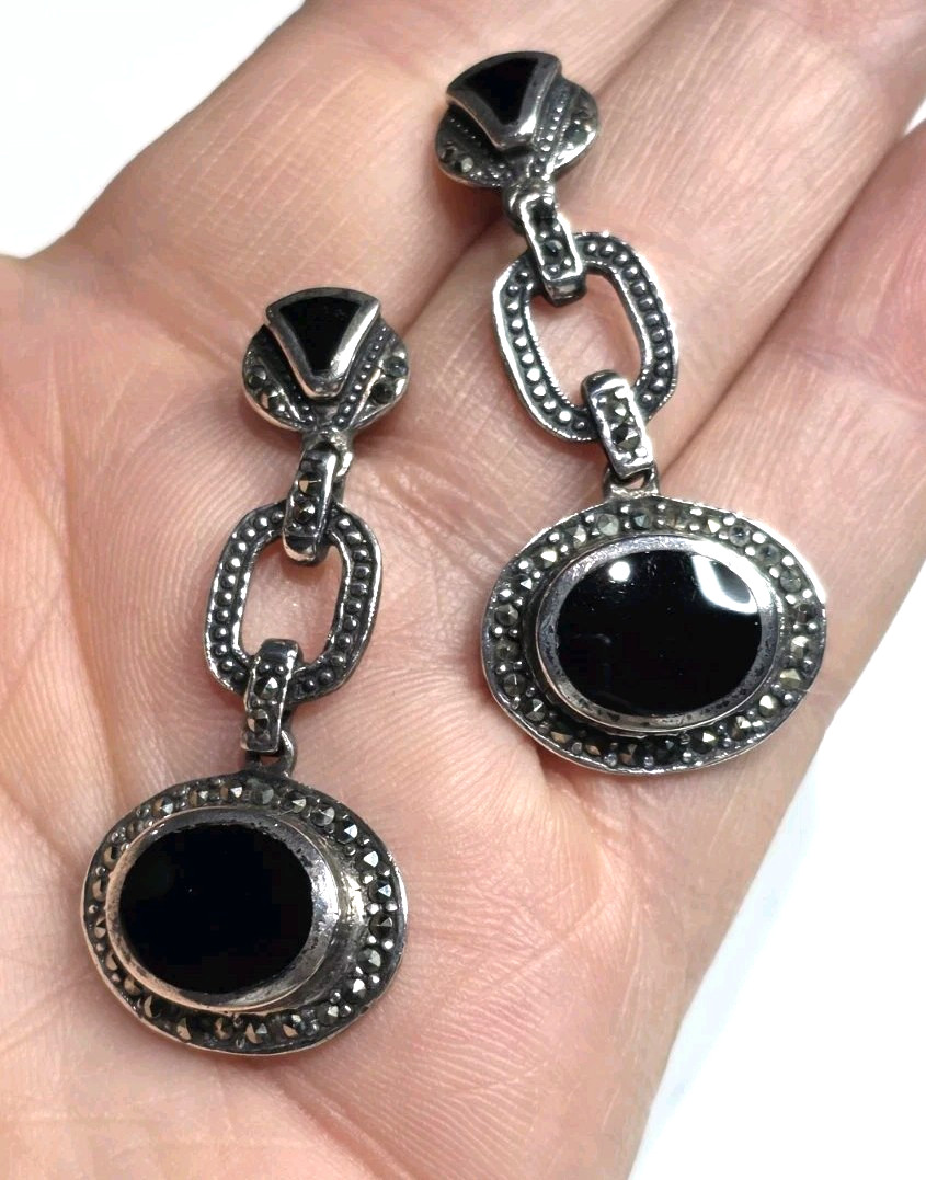 Vintage ACI 925 Sterling Silver Black Onyx Marcasite Art Deco Dangle Earrings
