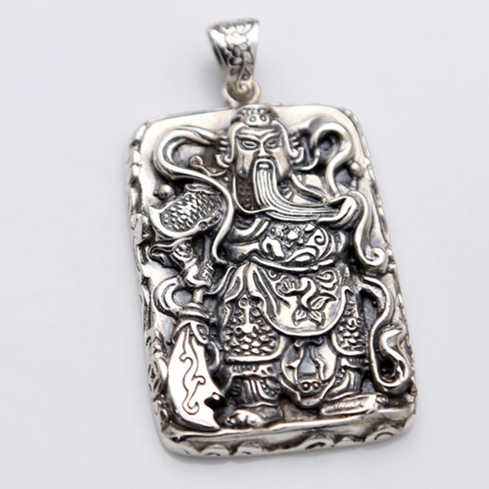 Pure S925 Sterling Silver Men Women Carved Dragon Guangong Oblong Pendant 34-35g