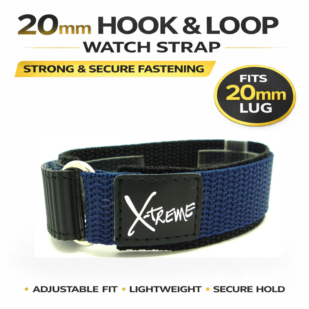 X-Treme 20mm Dark Blue Tough Secure Hook & Loop Nylon Watch Band Strap Gents Men