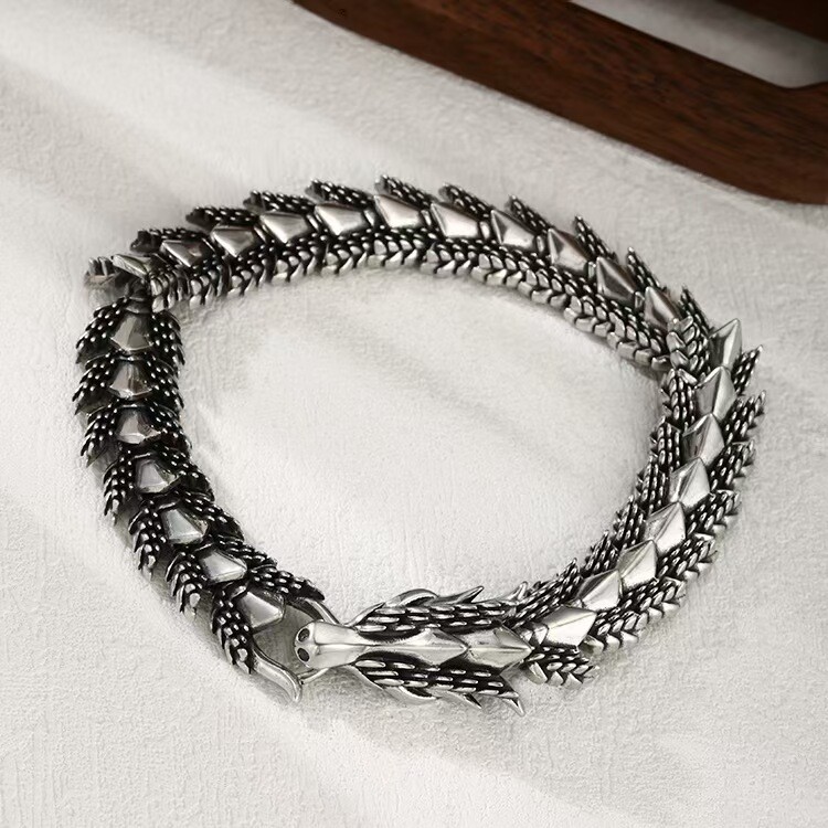 Pure S925 Sterling Silver Bracelet 12mm Dragon Scale Bone Link Chain 7.1-8.3inch
