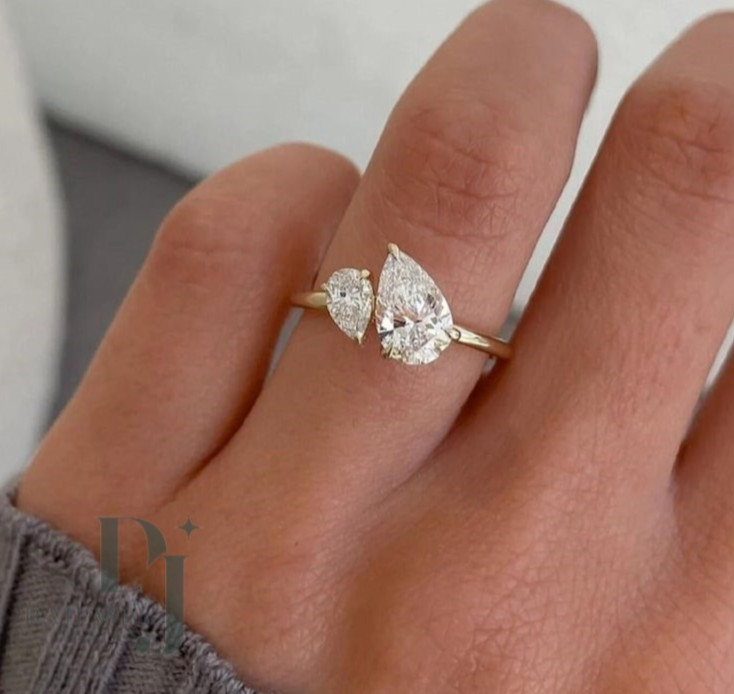 2.55 Carat Pear Cut Moissanite Toi Et Moi Engagement Ring Solid 14K Yellow Gold