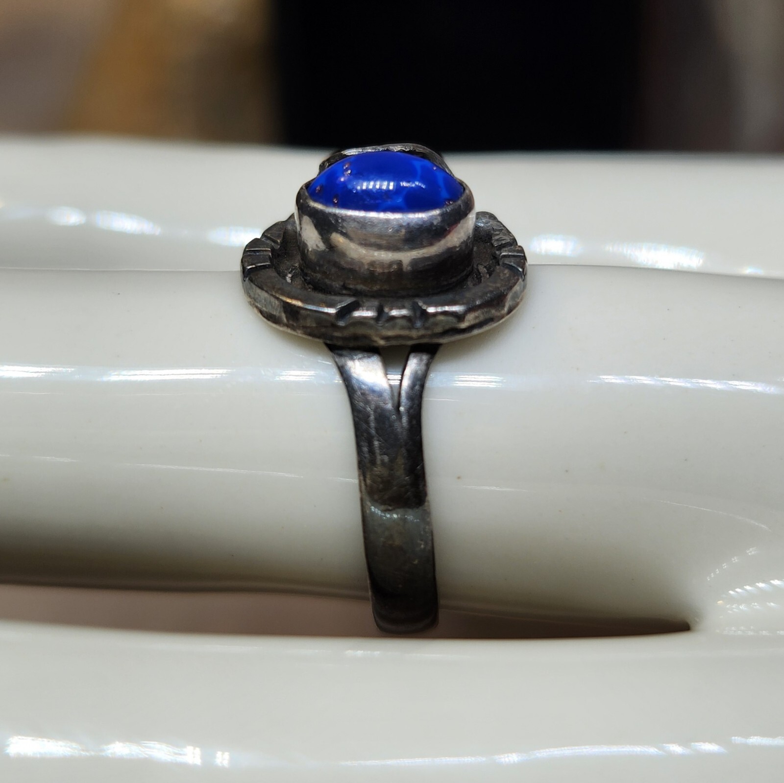 Size 8 Cabochon Lapiz Lazuli 925 Sterling Silver Ring Artisan Vintage – 3.0g