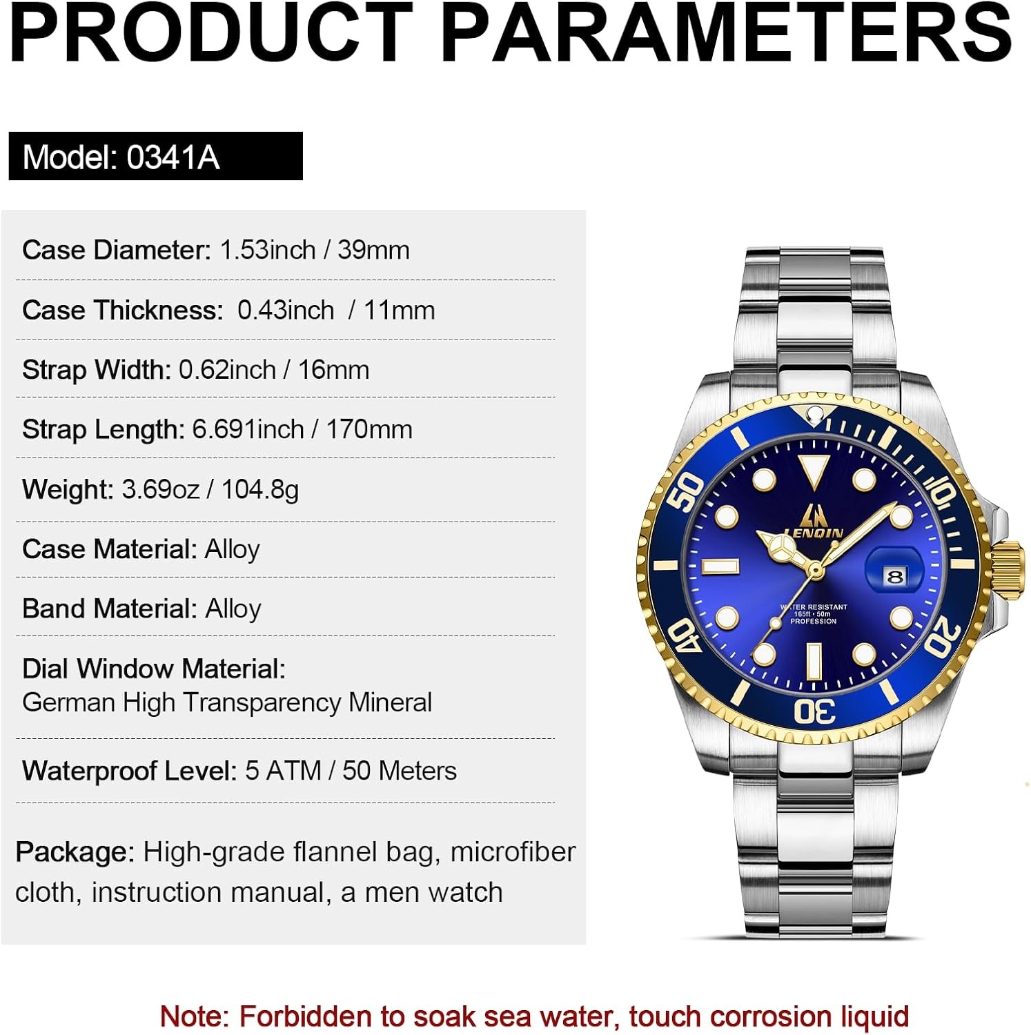 LN LENQIN Mens Analog Quartz Watch 39mm Silver Gold Blue Steel Bracelet Date 50m