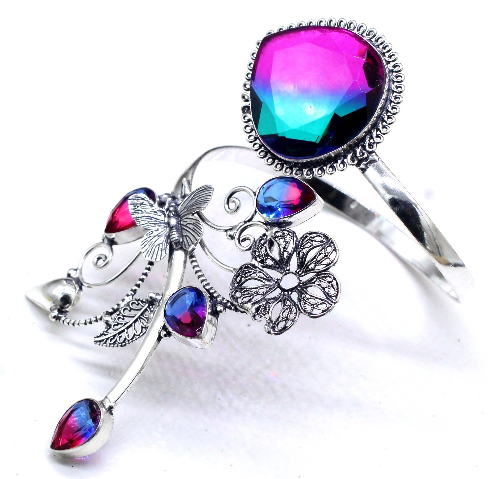 925 Sterling Silver Bi-Color Tourmaline Gemstone Handmade Jewelry Cuff Bracelet