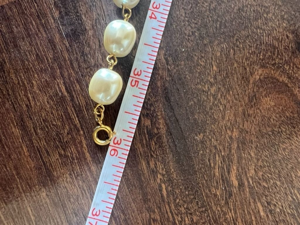 Vintage Sautoir Necklace Faux Pearl Black Glass Bezel Gold Chain Long Rope