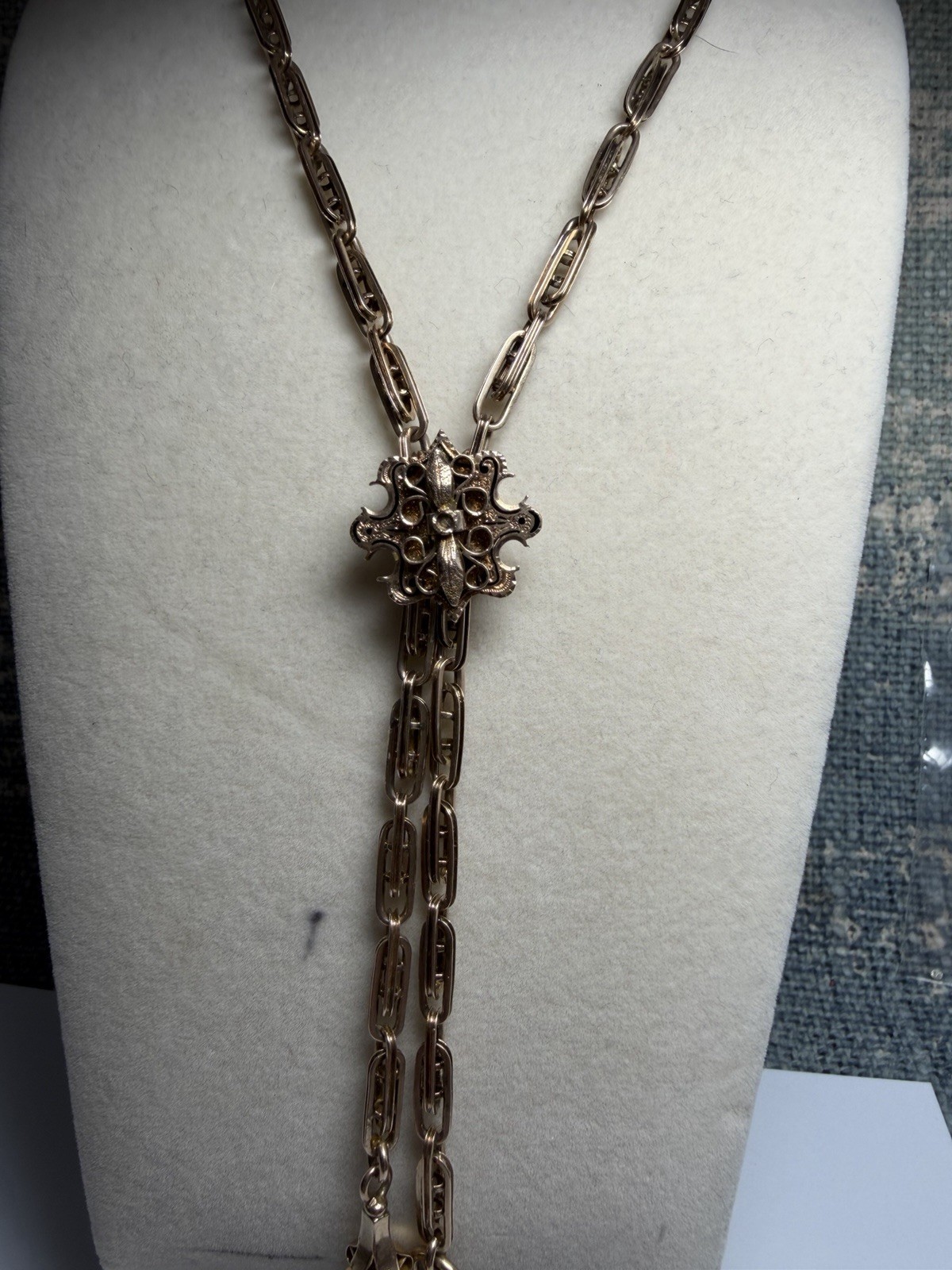 Antique Victorian Watch Chain Slide Necklace 9k 46 Inch Tassel Clasp 47g