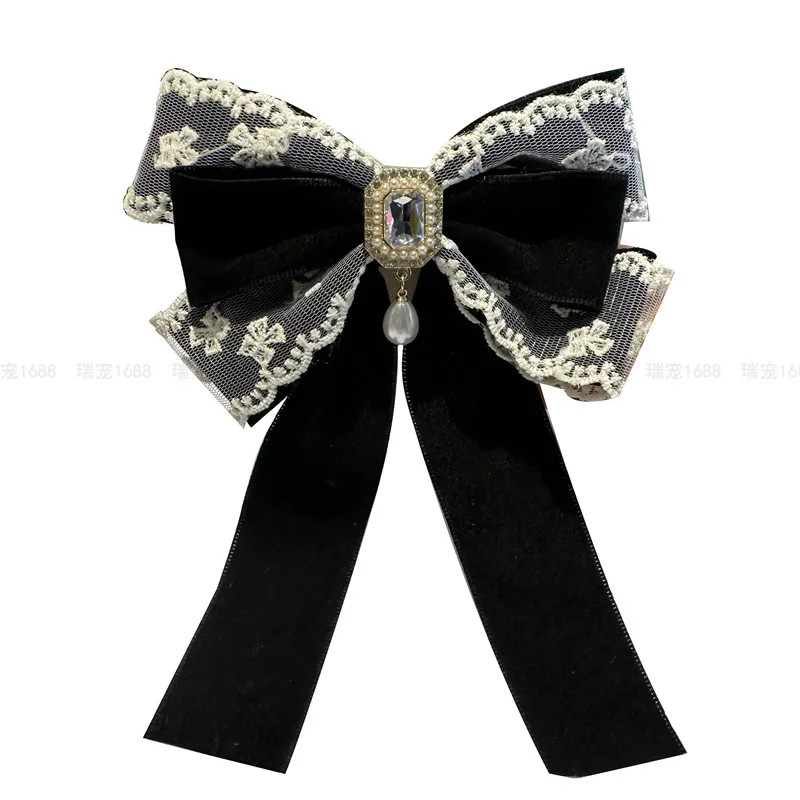 Fabric Lace Bow Brooches for Women Rhinestone Pearl Shirt Collar Pins.