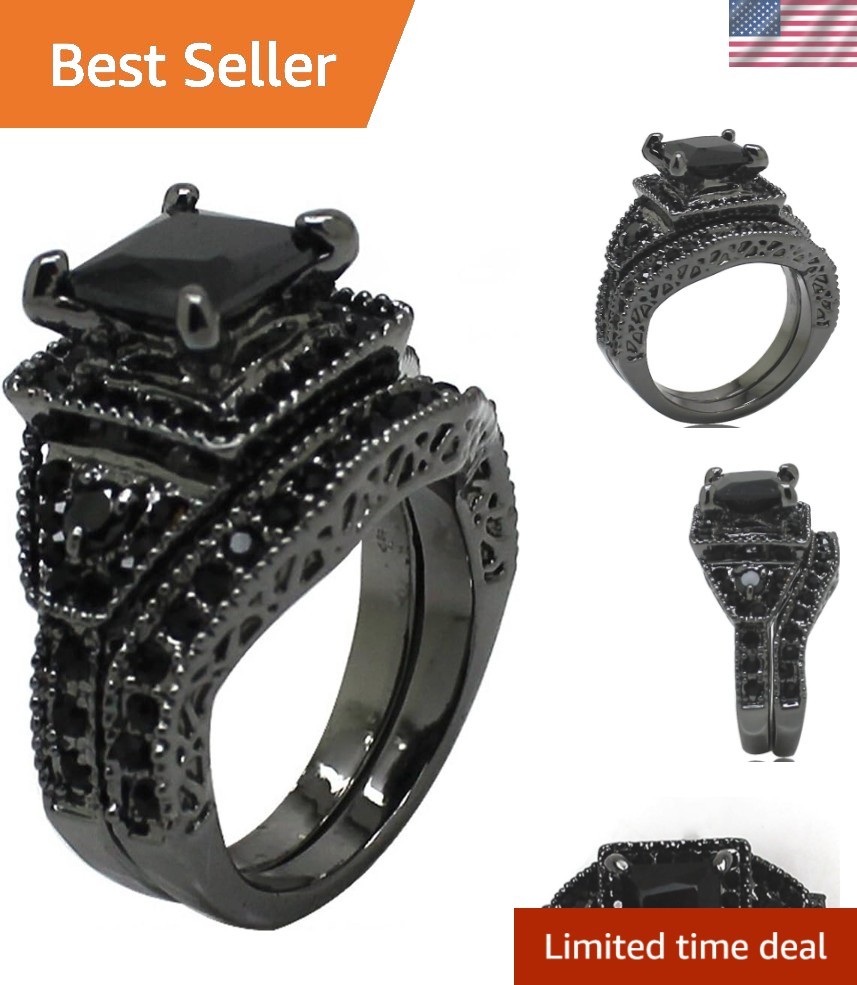 Two-in-One Black Princess Cut Ring | Anniversary or Bridal Halo | Sizes 4-15