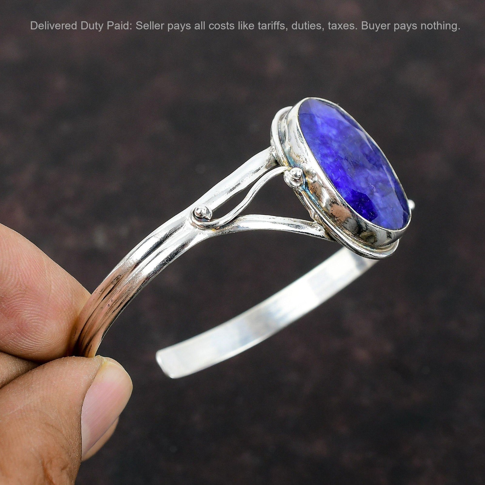 Oval Natural Blue Saphire 925 Sterling Silver Birthday Wife Trendy Bezel Bangle