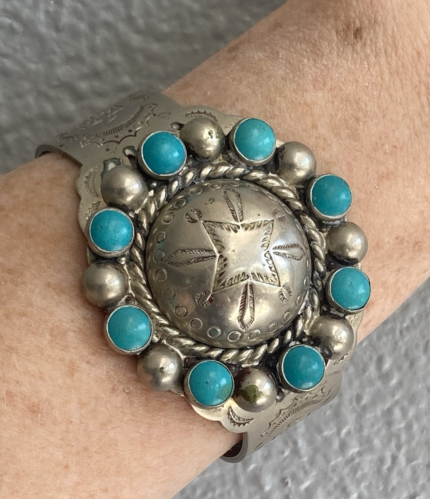 Vintage Bracelet Nickel Silver Faux Turquoise Cuff Stamped BELL TRADING POST
