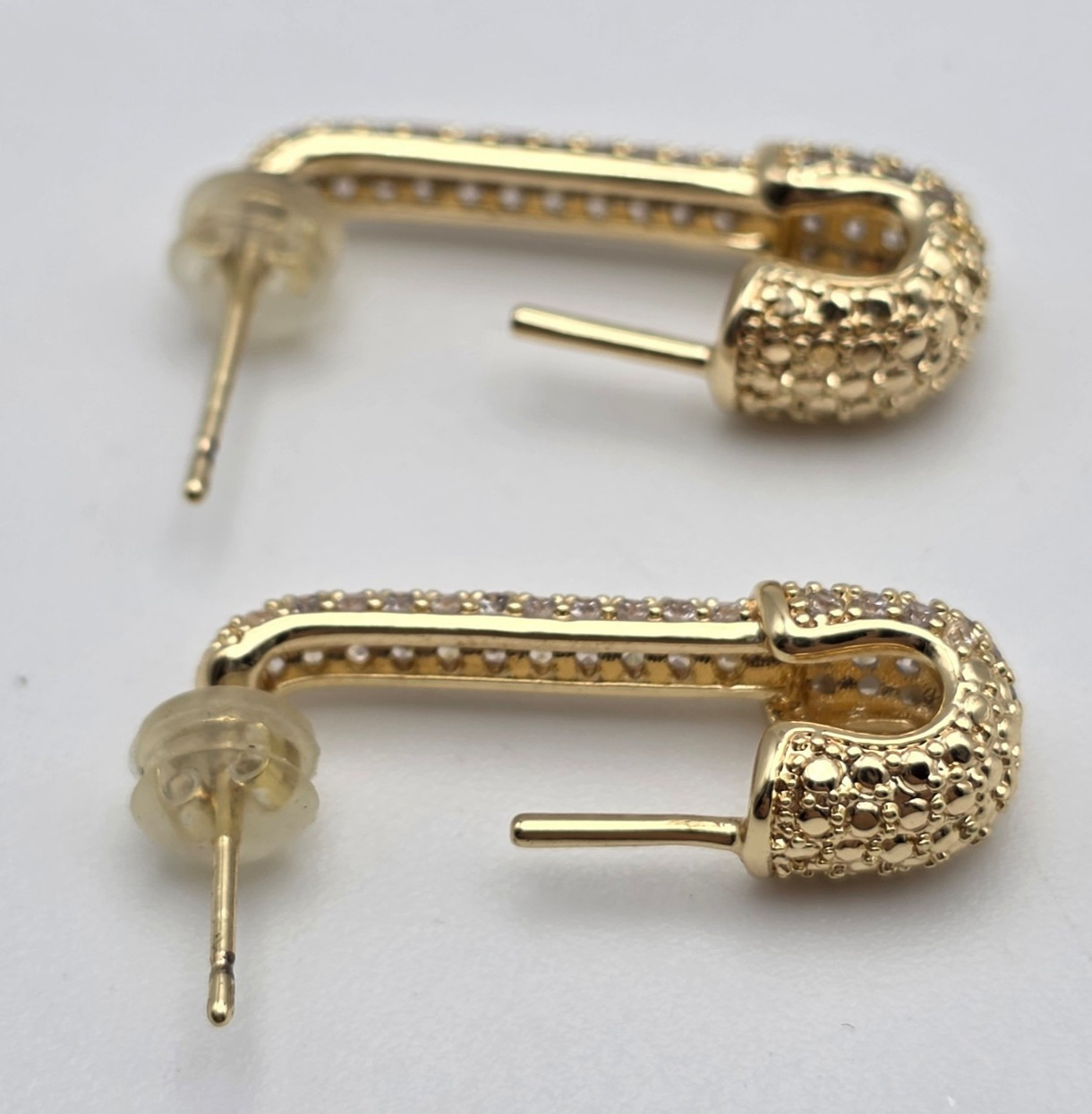 Gold Tone Clear CZ Pavé Safety Pin Stud Earrings 1 Inch Edgy Punk