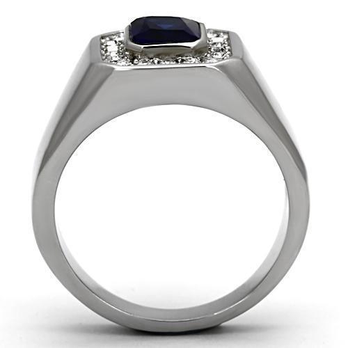 Stainless Steel Dark Blue Created Sapphire CZ Emerald Cut Rectangle Men’s Ring
