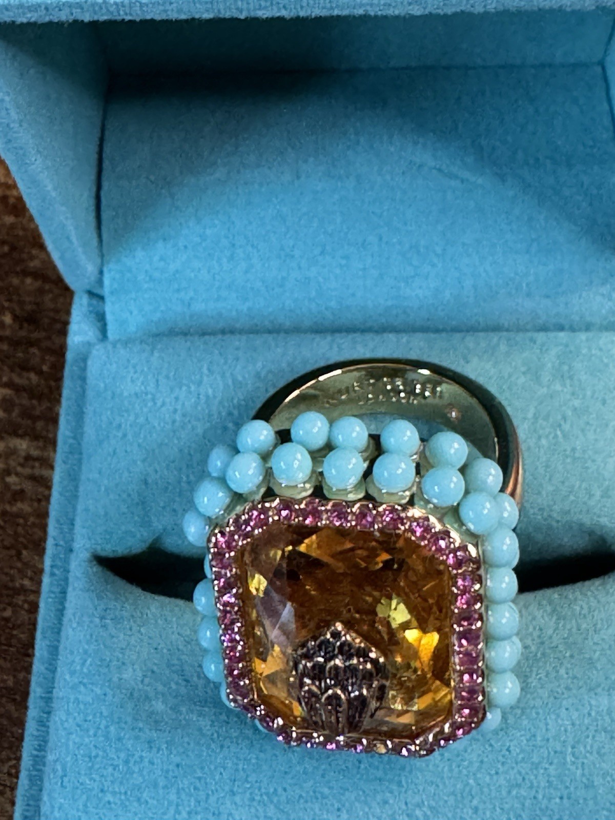 KURT GEIGER LONDON GOLD TONE EMERALD CUT COCKTAIL EAGLE HEAD RING IN ORANGE 7