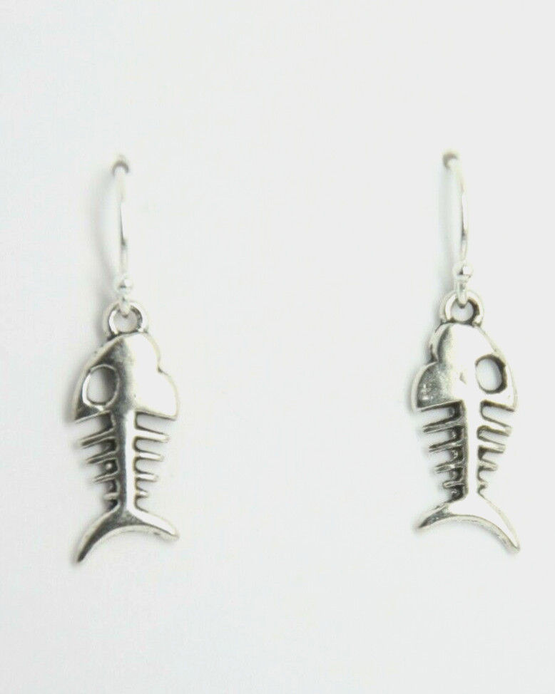 Fish Bone Charm Earrings .925 sterling silver Hook Pewter Charms 1″ Fishing Gift