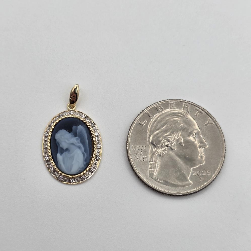 14K Yellow Gold Oval Blue Agate Angel Praying Cameo & Diamond Outline Pendant