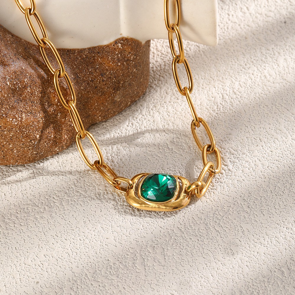 Square Pendant 18K Gold Plated Stainless Steel Necklace Green CZ Stone