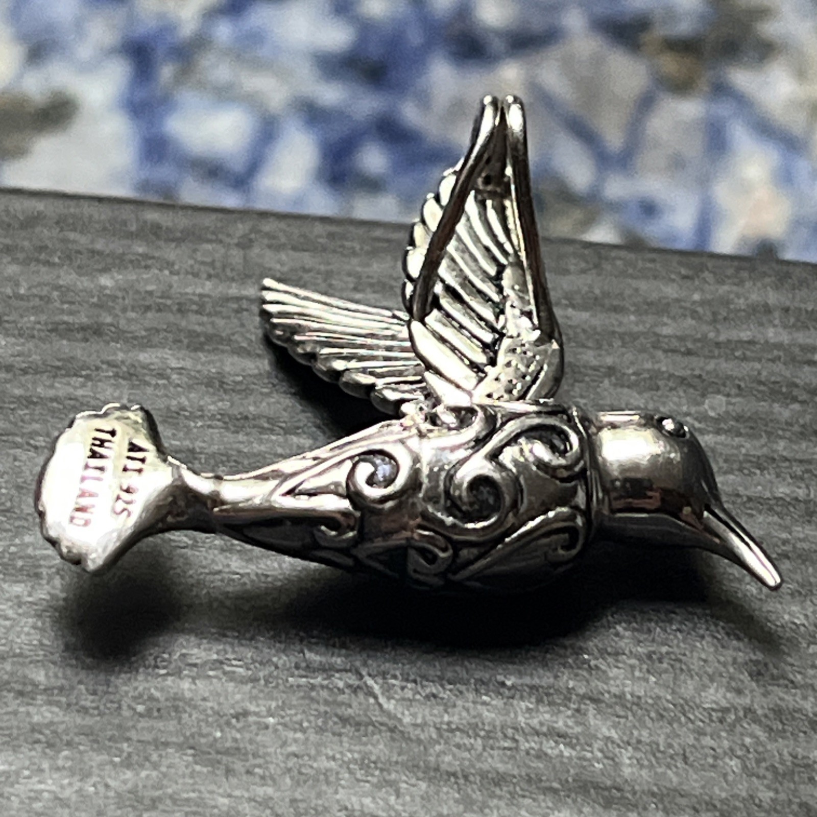 Sterling Silver Hummingbird In Flight Pendant Textured Wings 7.2g, engraved body