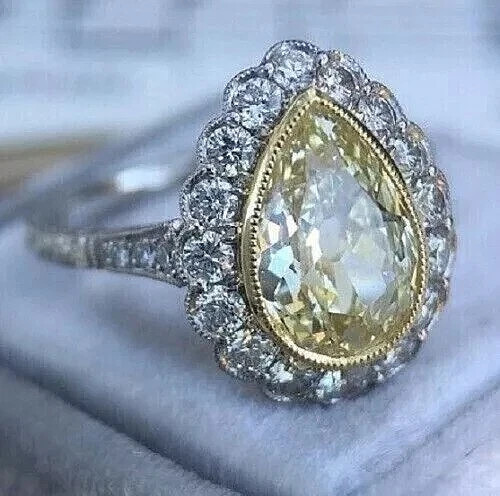 3.20Ct Canary Lab Created Diamond Vintage Wedding Engagement Ring 14K White Gold