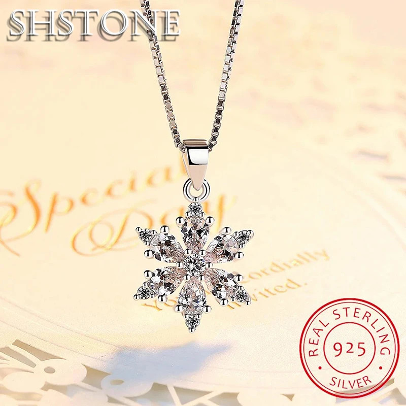 SHSTONE 925 Sterling Silver AAA Zircon Snowflake Pendant Necklace for Women