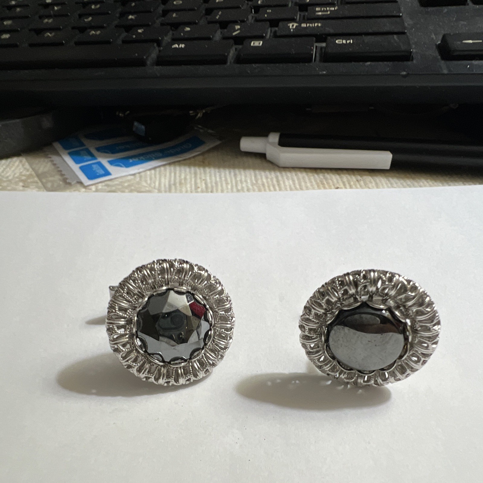 Silver Tone Round Hematite Black Stone Cufflinks for Men, Metal & Stone