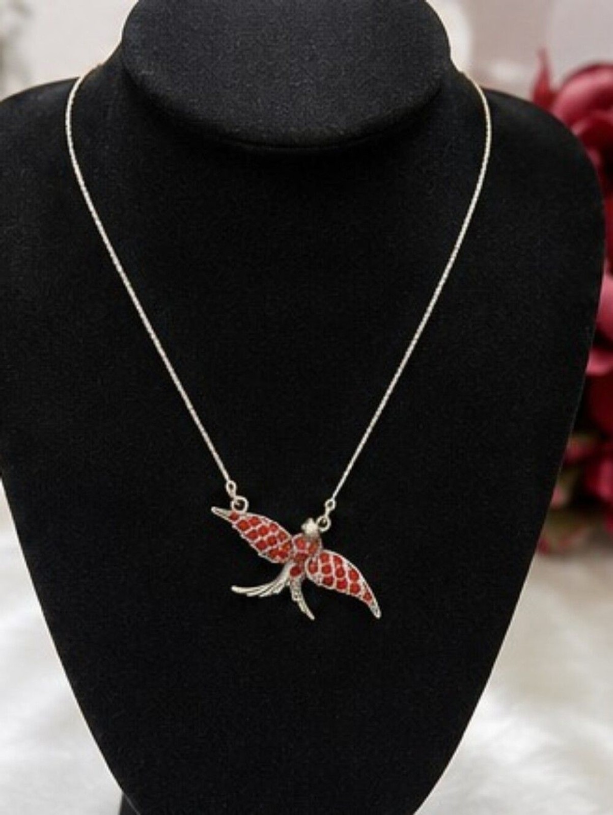 Pilgrim Danish Design Red Crystal Swallow Bird Necklace Signed NOS Retired Style