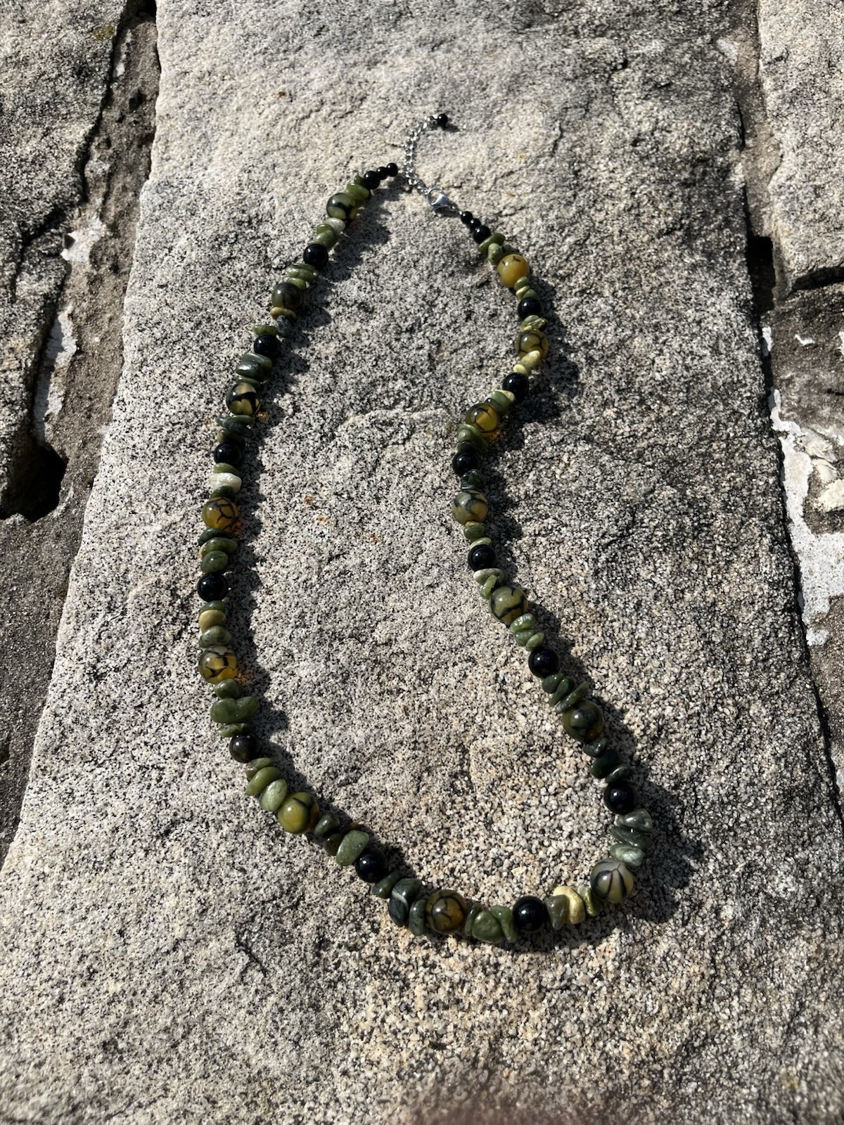 Mystic Dragon Vein Agate-Green Jasper & Obsidian Necklace 23” Olive Black 🐉NICE