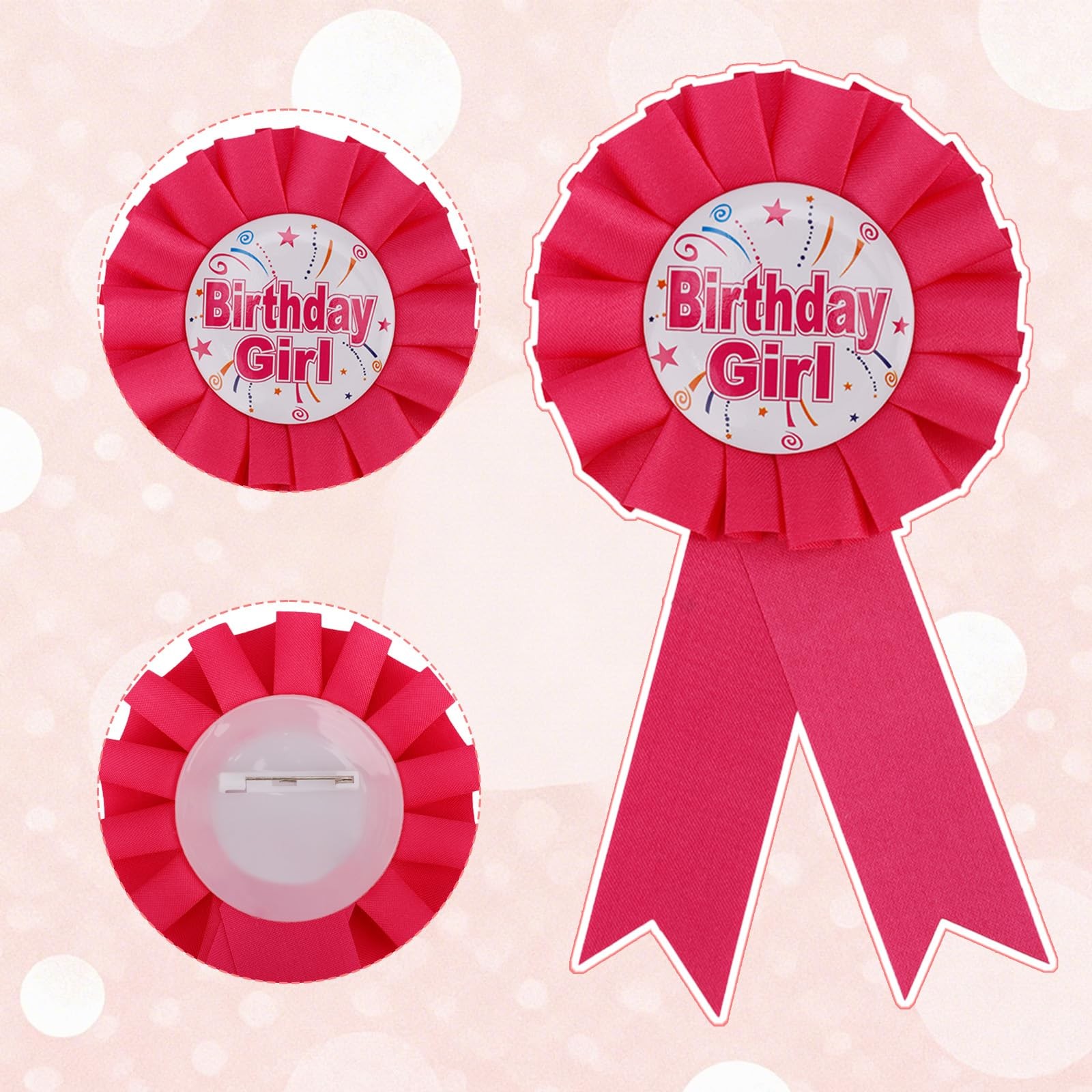 Birthday Girl Pin, Rose Red Satin Ribbon Happy Badge Pin, Medium Size, Polyester