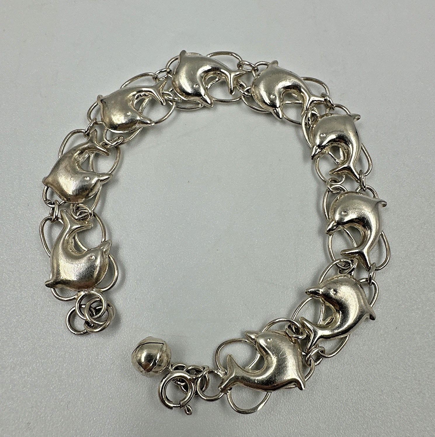 925 Sterling Silver Diving Dolphins Links Bracelet Ball Bell Charm, 7″ 7.71g