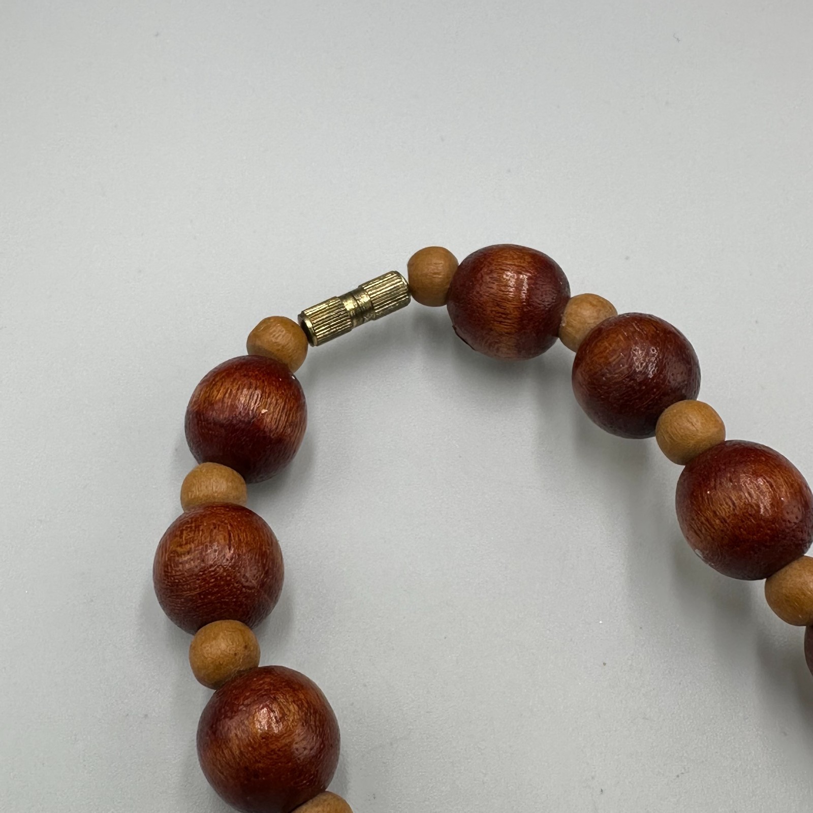 Vintage Wood Bead Necklace Brown Tan Graduated Round Barrel Beads 20 Inch