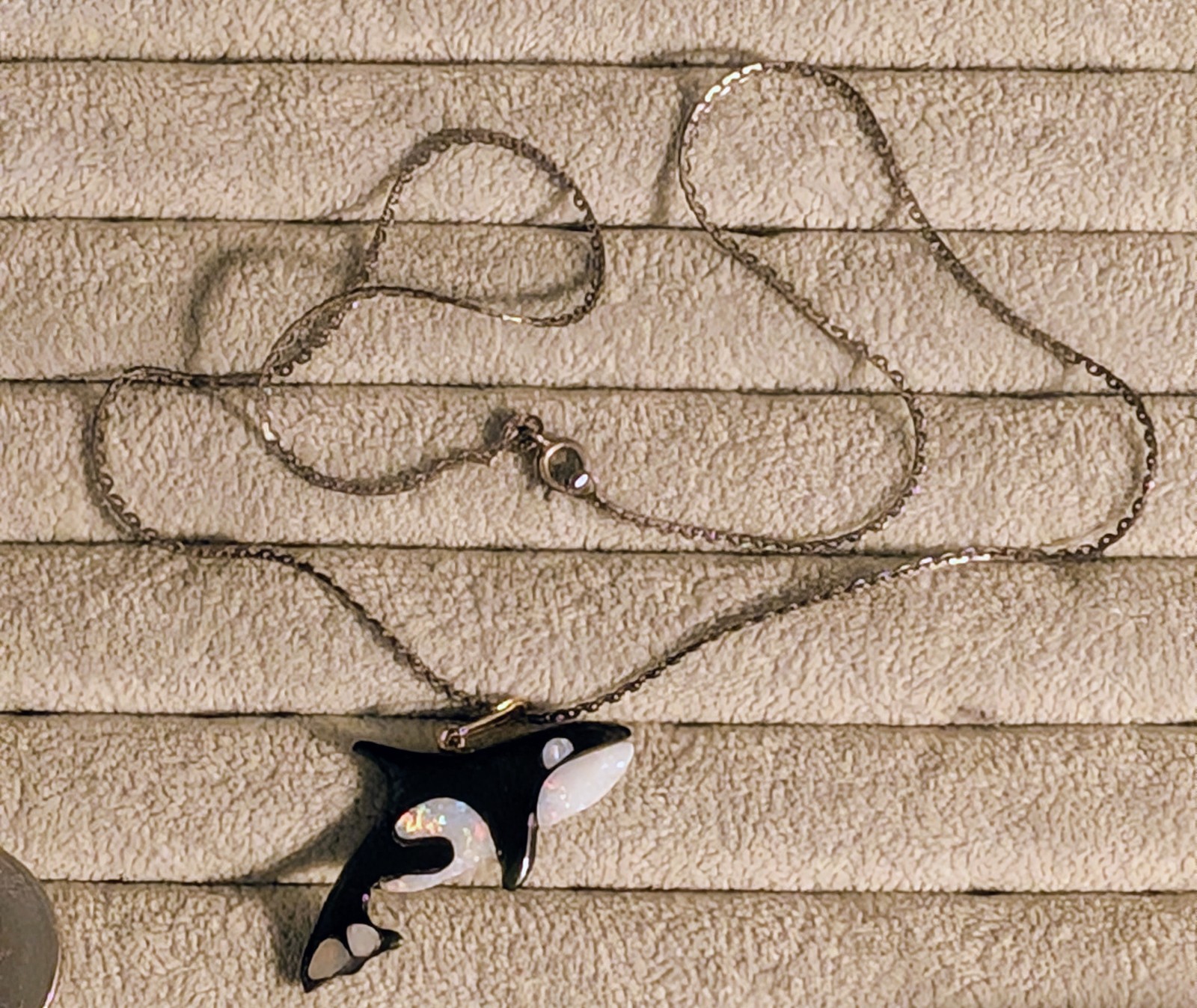 Inlaid Black Coral & Genuine Opal Sea Wolf Killer Whale Pendant W/ .925 Chain!