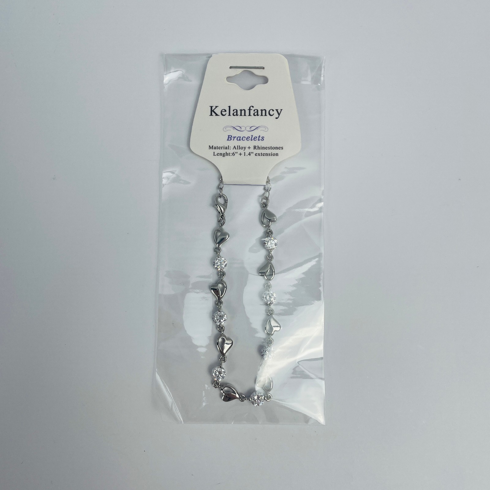 Kelanfancy Silver Tone Heart and Round Rhinestone Link Bracelet