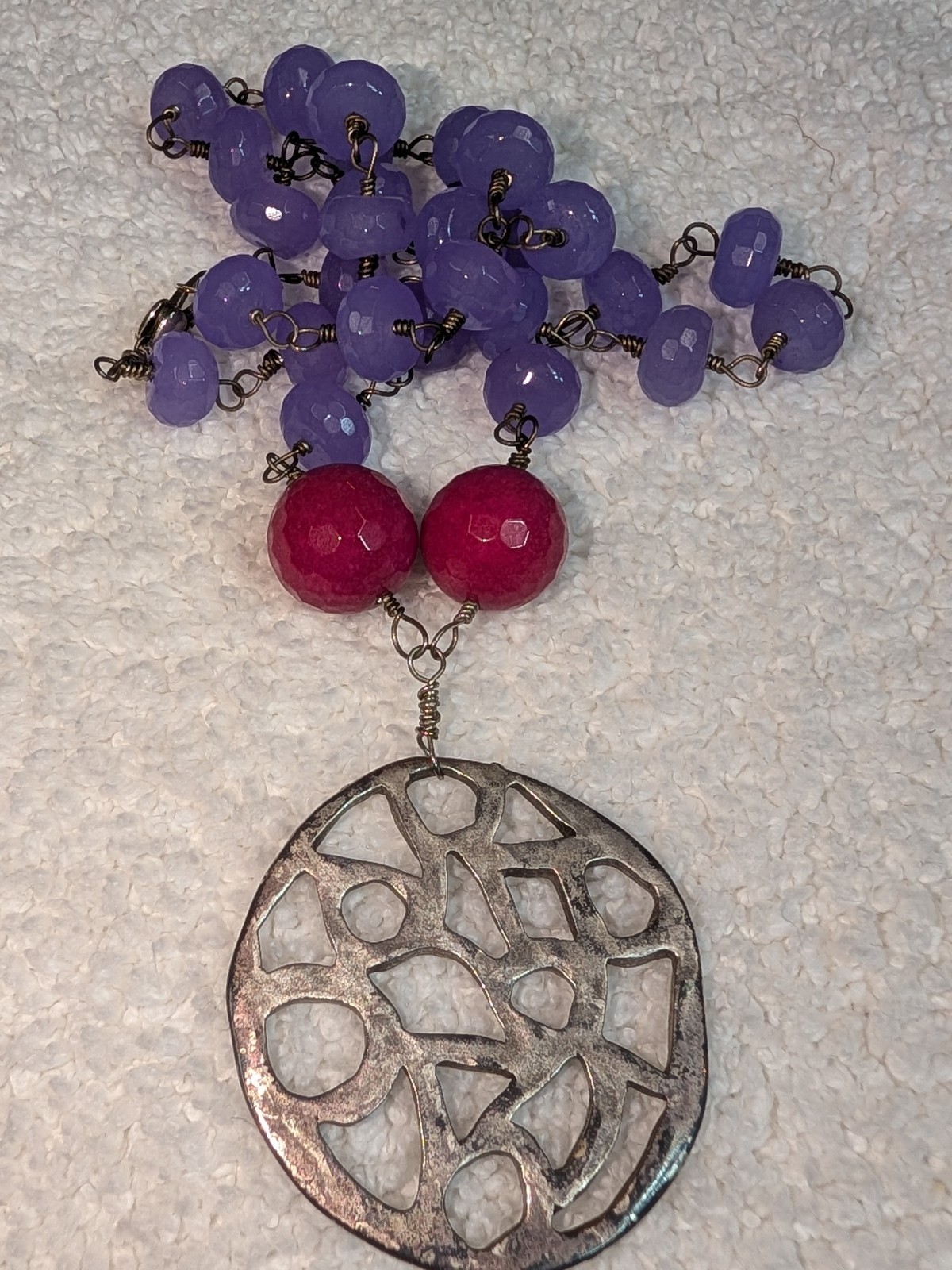 Artisan Sterling Silver Necklace Wire Wrapped Faceted Lavander Chalcedony & Pink