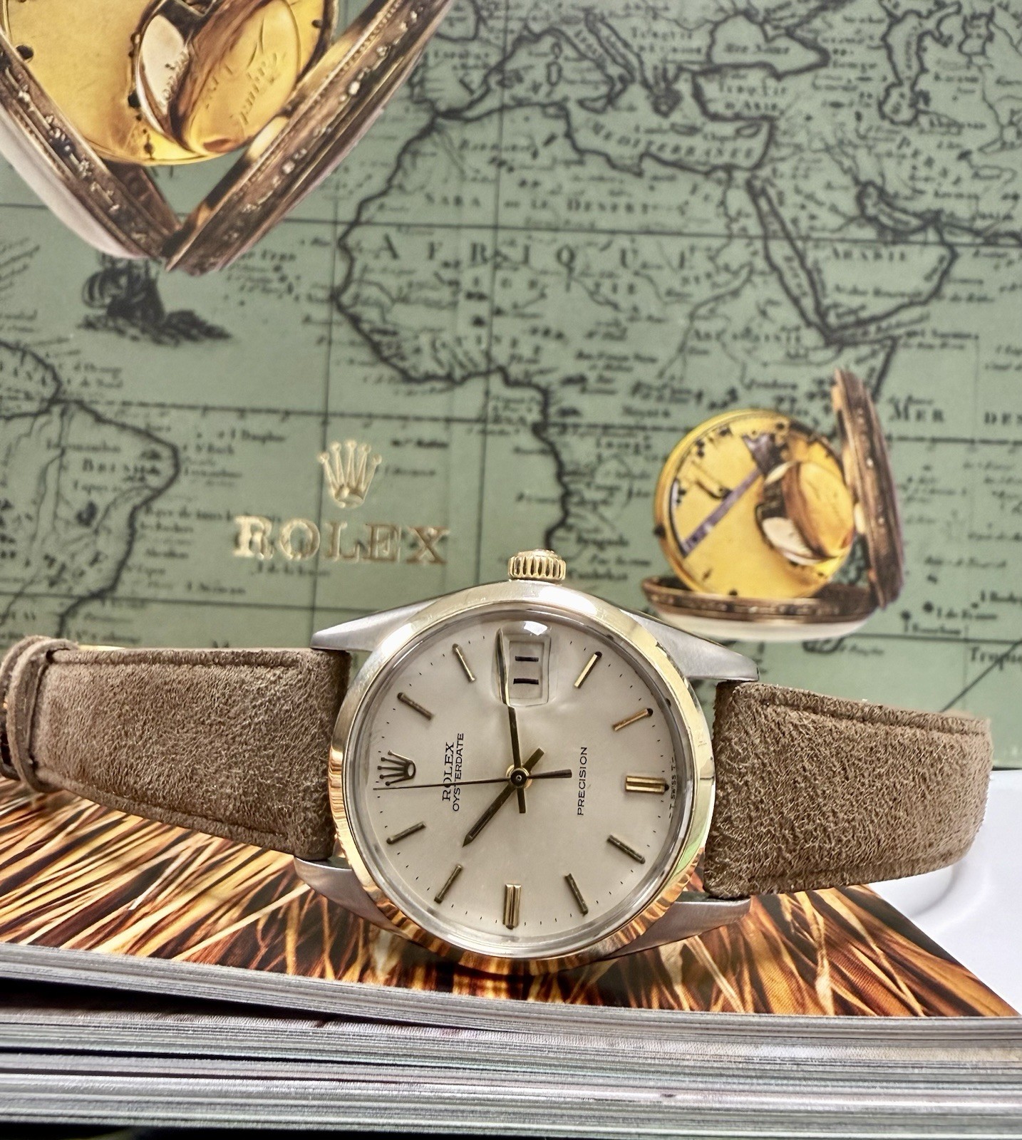 Mens Rolex Oysterdate Precision Stainless Steel Gold Silver Dial 34mm Watch 6694