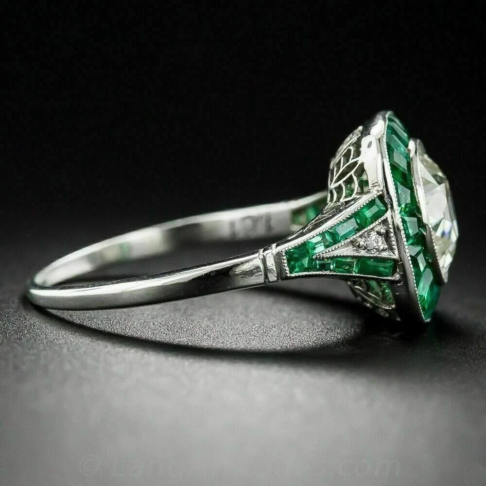 Art Deco Style Lab Created Diamond & Emerald Engagement 14k White Gold FN Ring