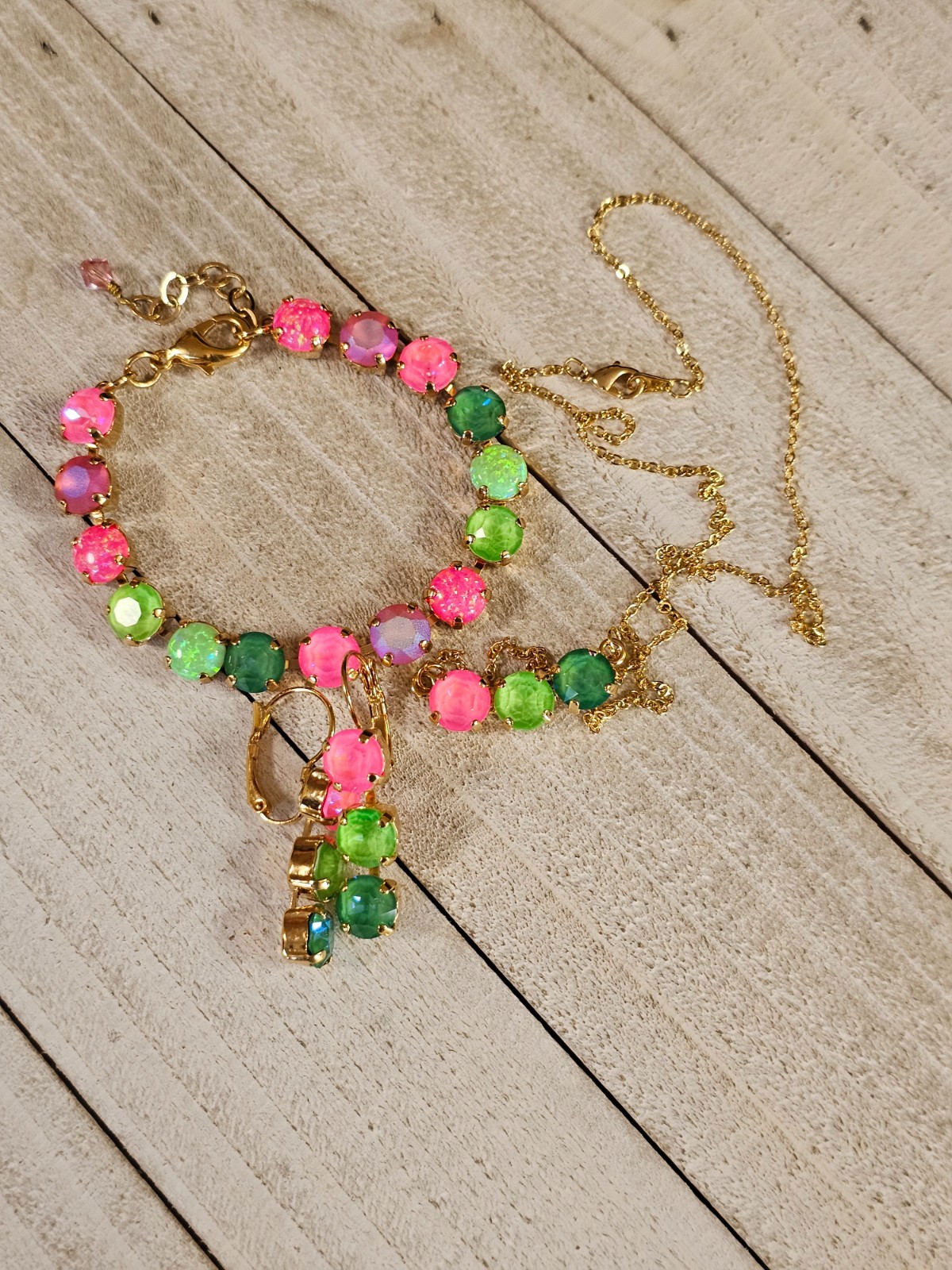 B1-22 Watermelon Mojito Pink Lime Crystal Earrings Cup chain 3pc Jewelry Set