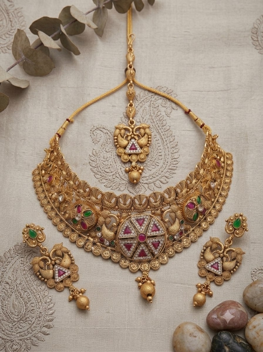 Indian Bollywood Kundan Choker Necklace Earrings Maang Tikka Bridal Jewelry Set