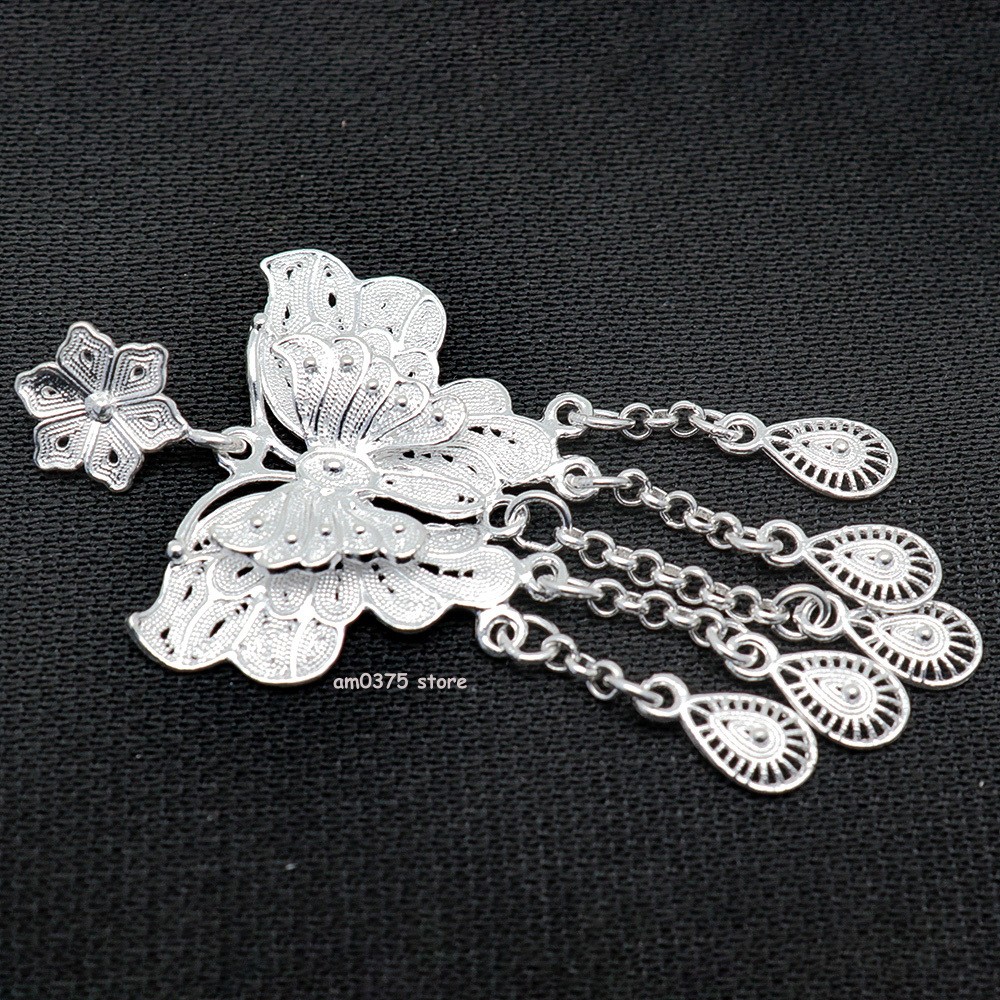 Pure 999 Fine Silver Women’s Flower Butterfly Tassel Lock Pendant 2inchL