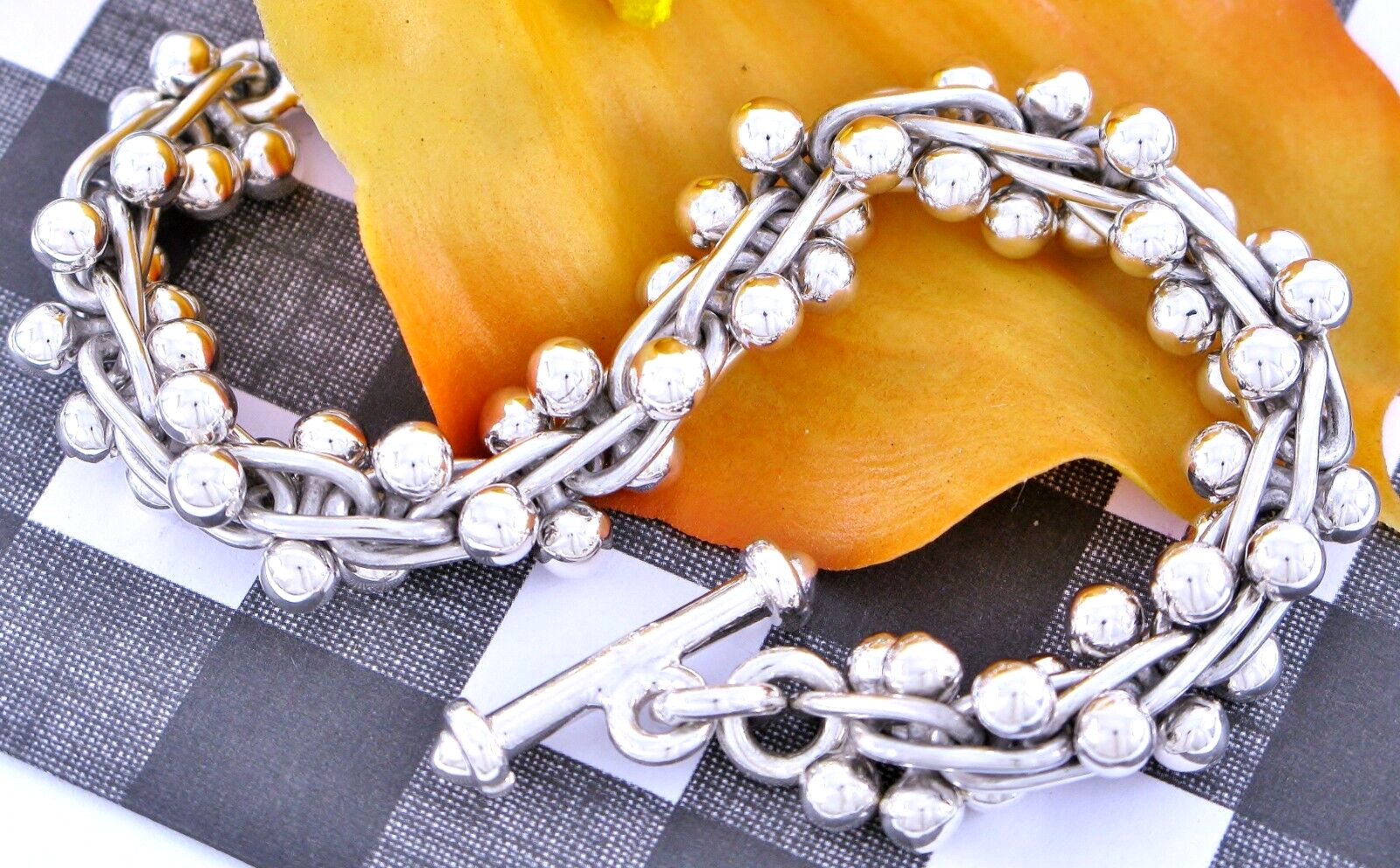 Solid Sterling Silver 925 DNA Beaded Toggle Bracelet 73g