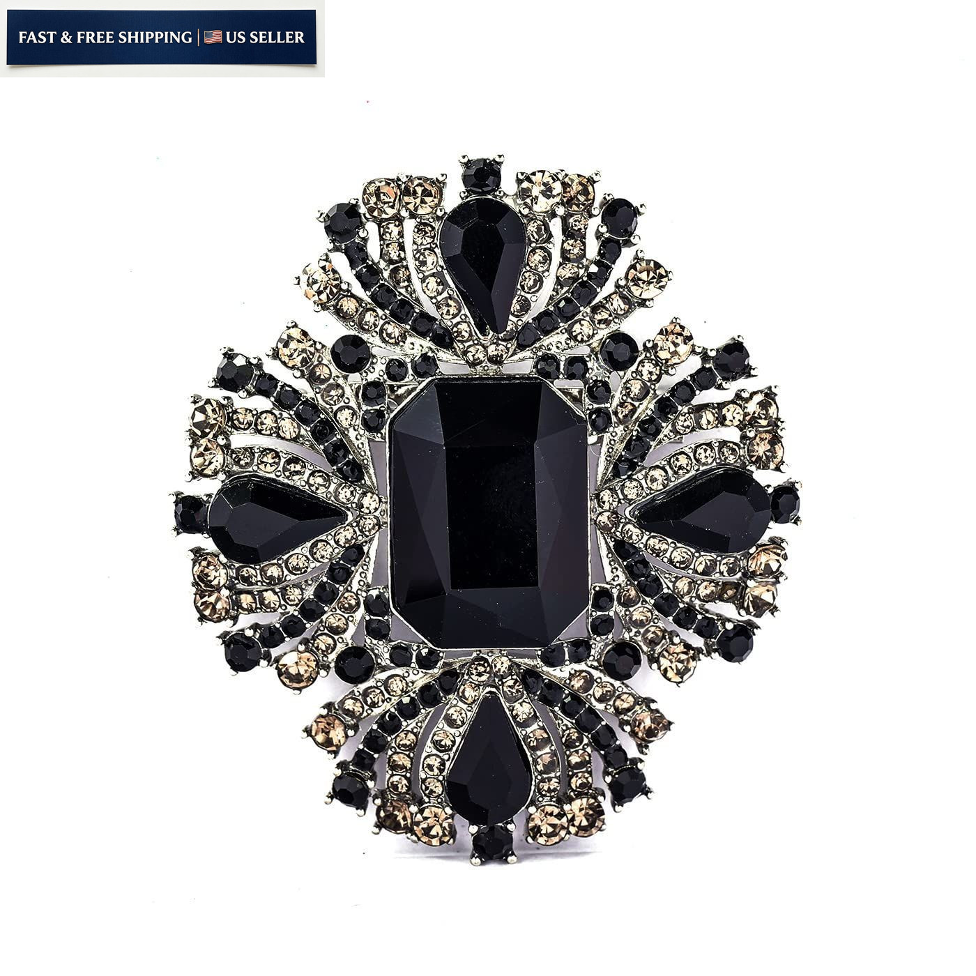 YOQUCOL Vintage Black Austrian Crystal 2.6″ x 2.3″ (6.6cm x 5.8cm),