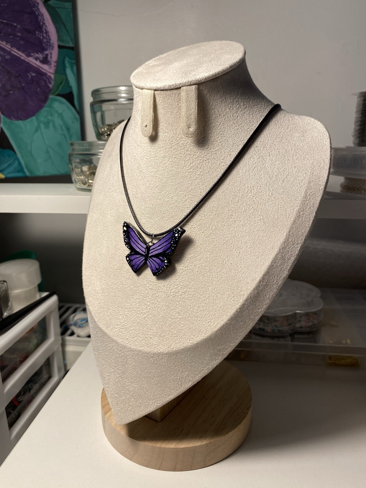 Purple Enamel Butterfly Charm Pendant Necklace on Black Cord Animals & Insects