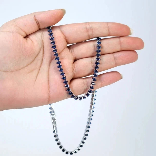 3MM Pear Cut Lab Created Blue Sapphire Tennis Necklace 14k White Gold Plated