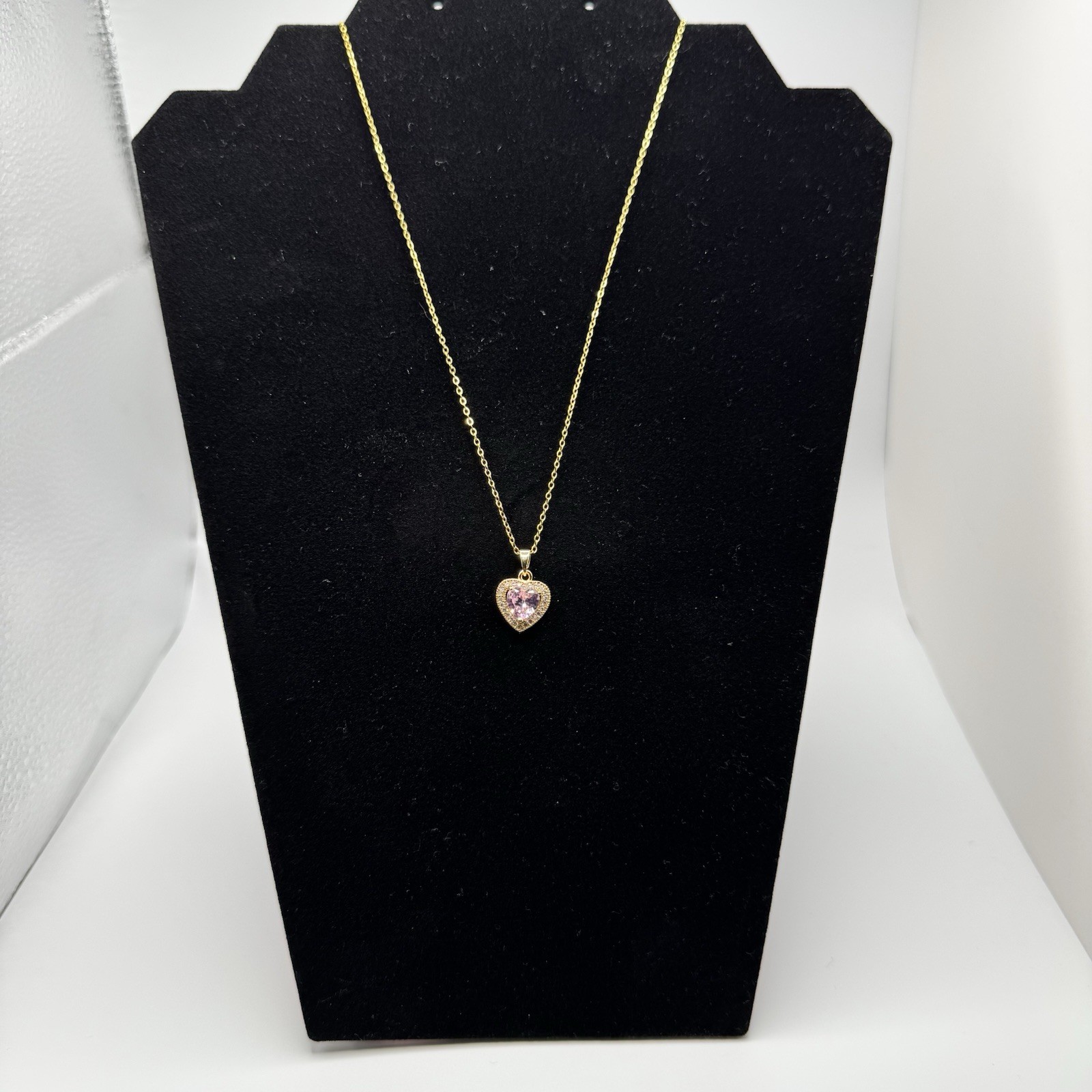 Gold Toned, Stainless Steel Necklace, Pink Heart CZ Pendant 16 In